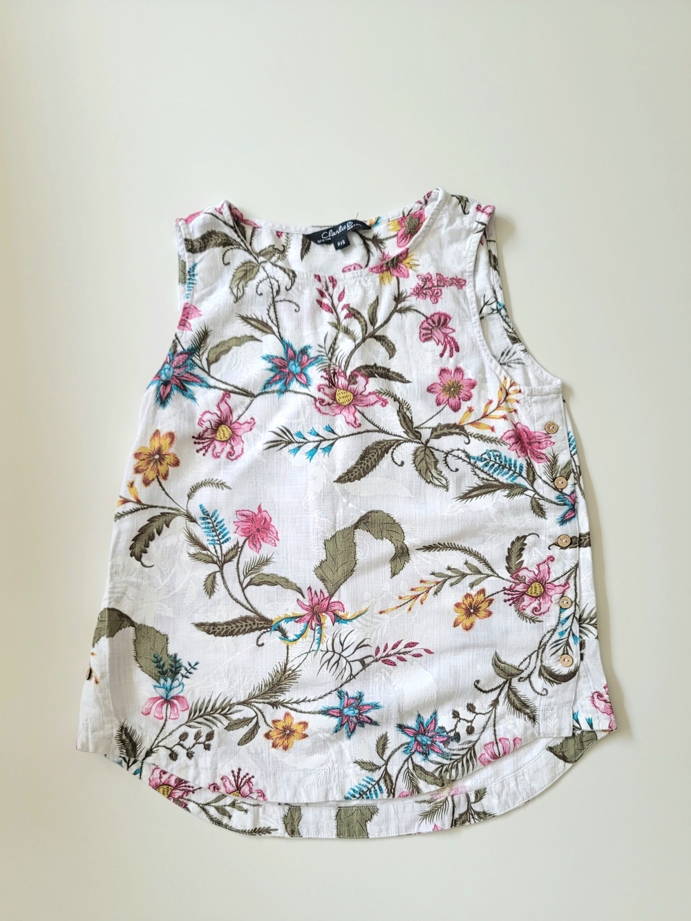 Charlie B Linen Viscose Blend Floral Button Side Sleeveless Top Blouse Small